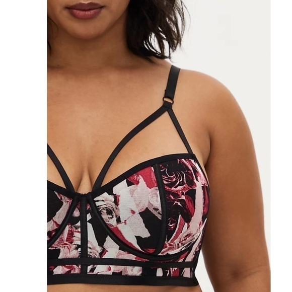 Torrid 1 BLACK PINK ROSE POWER MESH STRAPPY UNLINED UNDERWIRE LONGLINE BRALETTE - Picture 4 of 12